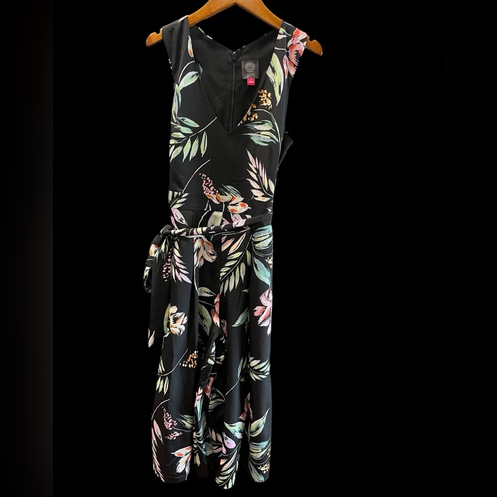 Vince Camuto Size Small‎ Black Floral Crop Wide Leg Sleeveless Pocket Jumpsuit